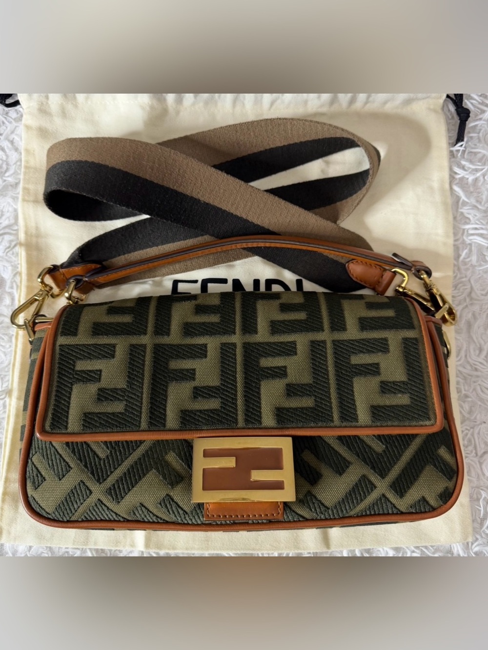 FENDI Canvas Vitello King FF Embroidered Baguette in Amazzonia and Cuoio
